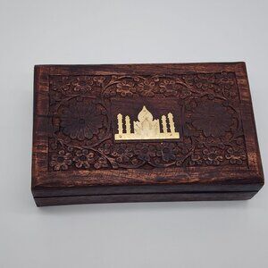 Hand Carved Wooden Trinket Jewelry Box With Brass Taj Mahal Vintage VTG